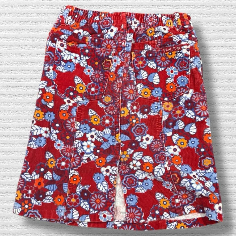 Children’s Place Corduroy Skirt S 5/6  Retro Floral 70s Inspired Mod Print Red